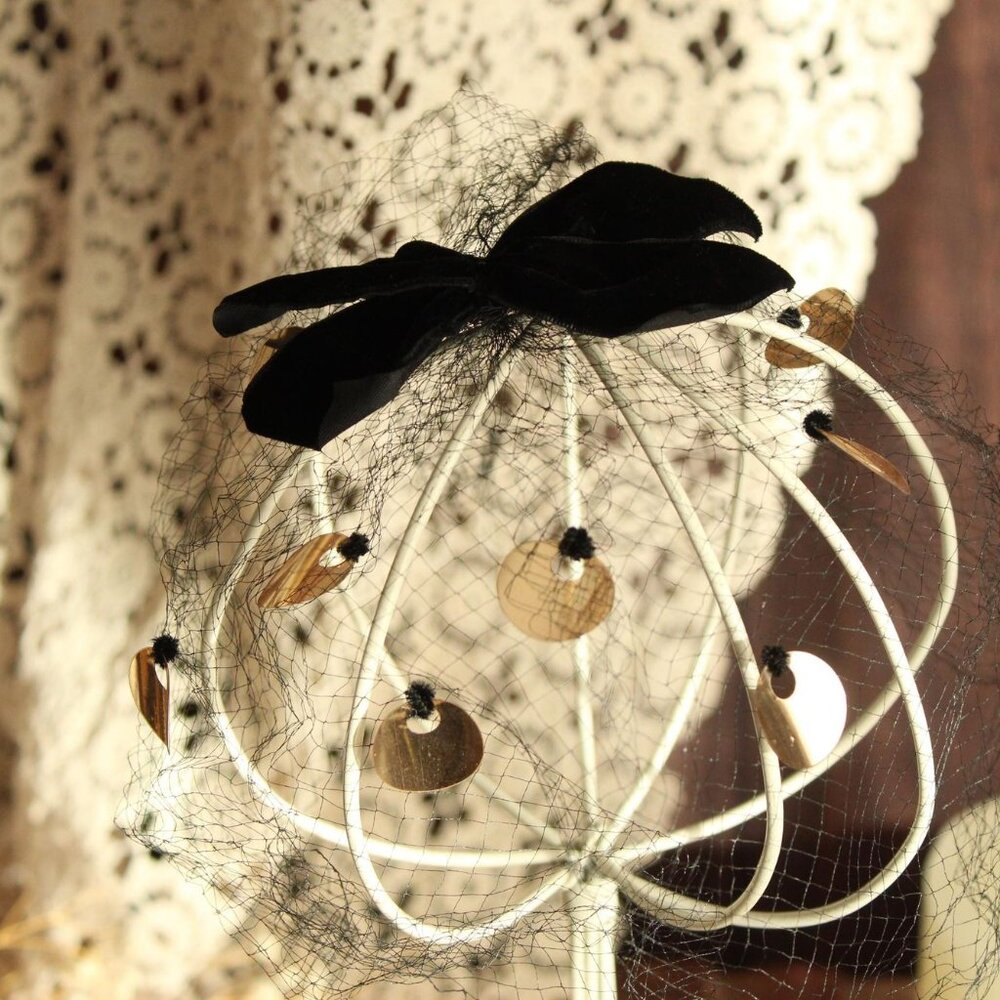 Vintage 1950s Veil Fascinator, Black Birdcage Netting Velvet Bow and Sequins